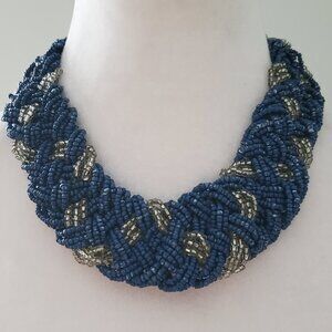 EXQUISITE Multi Strand Beaded Woven Chunky Choker Necklace Blue & Silver